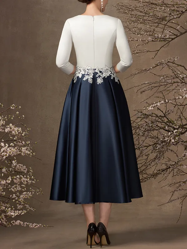 V Neck Tea Length Satin Bridal Mom Dress