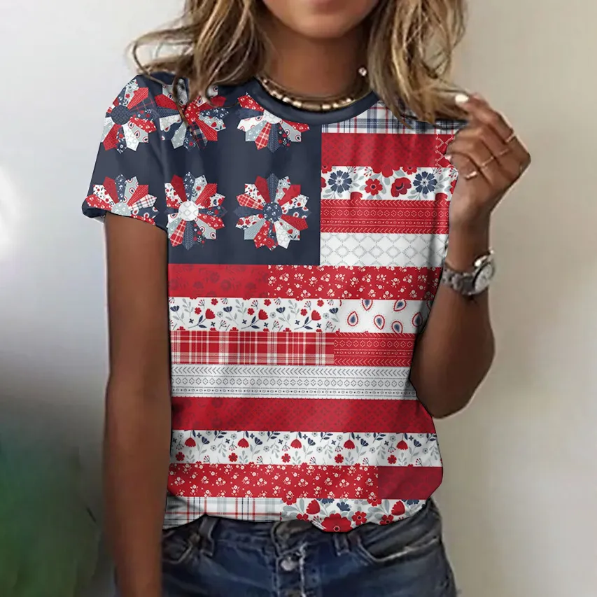 Women's Independence Day American Beauty Flag Panel Pattern Art Crew Neck T-shirt