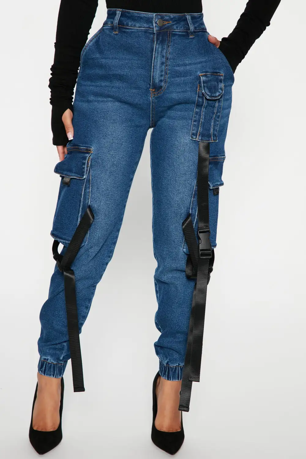 Give It A Break Cargo Denim Joggers - Dark Wash