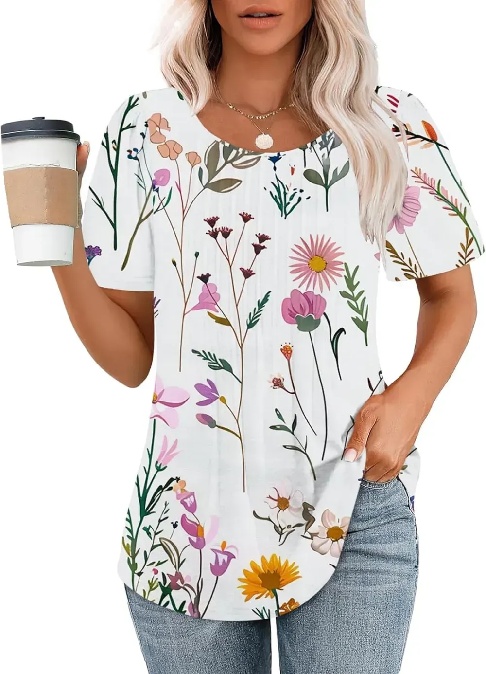 Womens Summer Pleated Front Shirts Tunics Casual Short Sleeved Loose Round Neck Boho Printed Tops Vacation Blouse