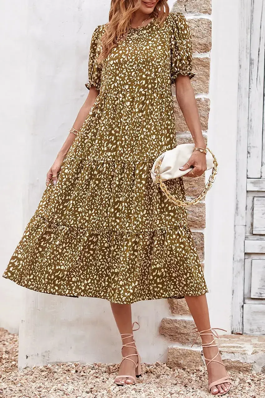 Floral Print Ruffle Puff Sleeve High Waist Midi Dresses