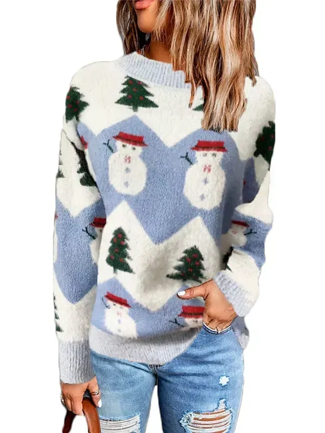 Women's Ugly Christmas Sweater Pullover Sweater Jumper Crew Neck Ribbed Knit Polyester Knitted Fall Winter Tunic Outdoor Christmas New Year Stylish Casual Soft Long Sleeve Snowman Xmas Tree Pink