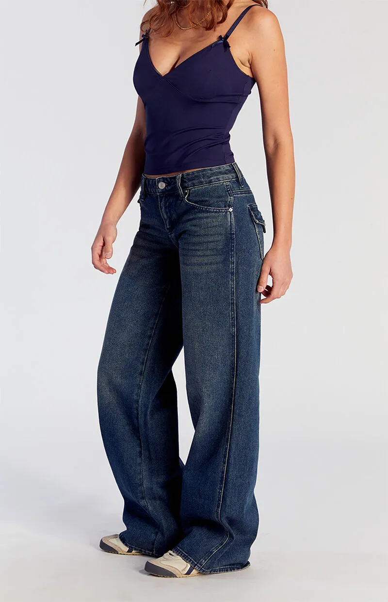 PacSun Casey Button Pocket Low Rise Baggy Jeans Dark Indigo