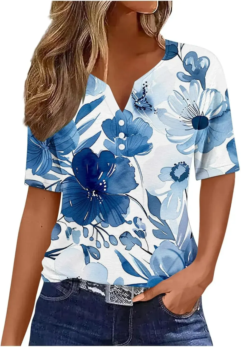 Shirts for Women Casual Printed Summer Tops Short-Sleeved Button V-Neck Tops Blouse Fashion Boho T-Shirts