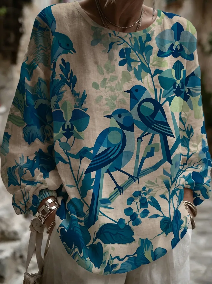Women's Nashville Nature Lover Blue Bird Floral Printed Top