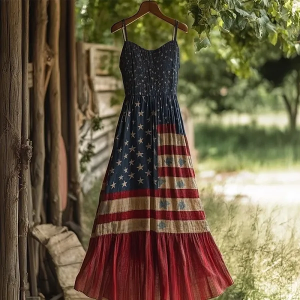 Vintage American Flag Inspired Linen Maxi Cami Dress