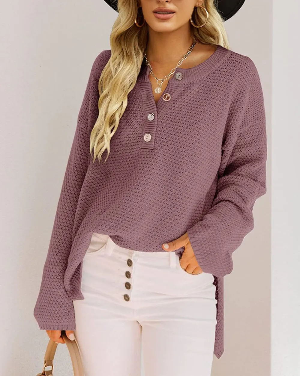 Women's Oversized Sweaters Batwing Long Sleeve Loose V Neck Button Henley Tops Pullover Knit Jumper