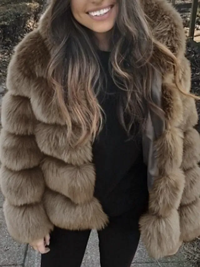 Women's Faux Fur Coat Regular Oversized Coat Sapphire Black Wine Dark Green khaki Party Party Fall Hoodie Regular Fit S M L XL XXL 3XL / Daily