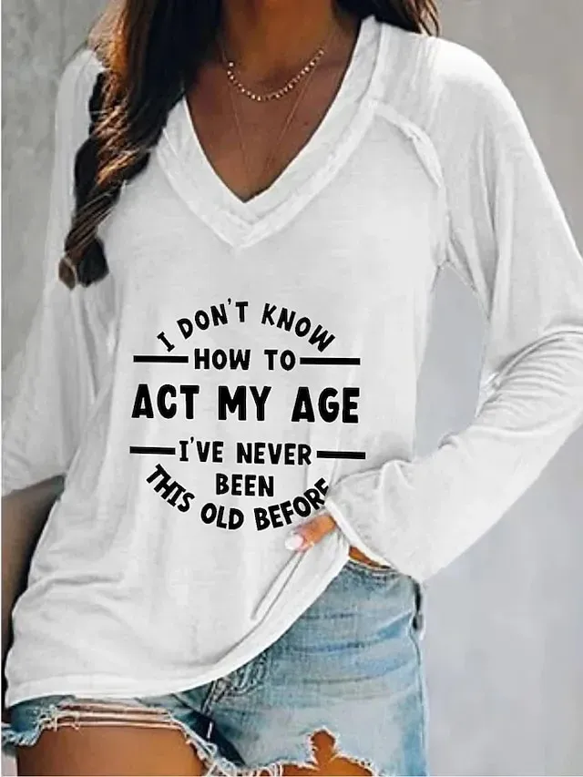 Women's T shirt Tee Letter Print Daily Weekend Daily Basic Long Sleeve V Neck White Fall & Winter