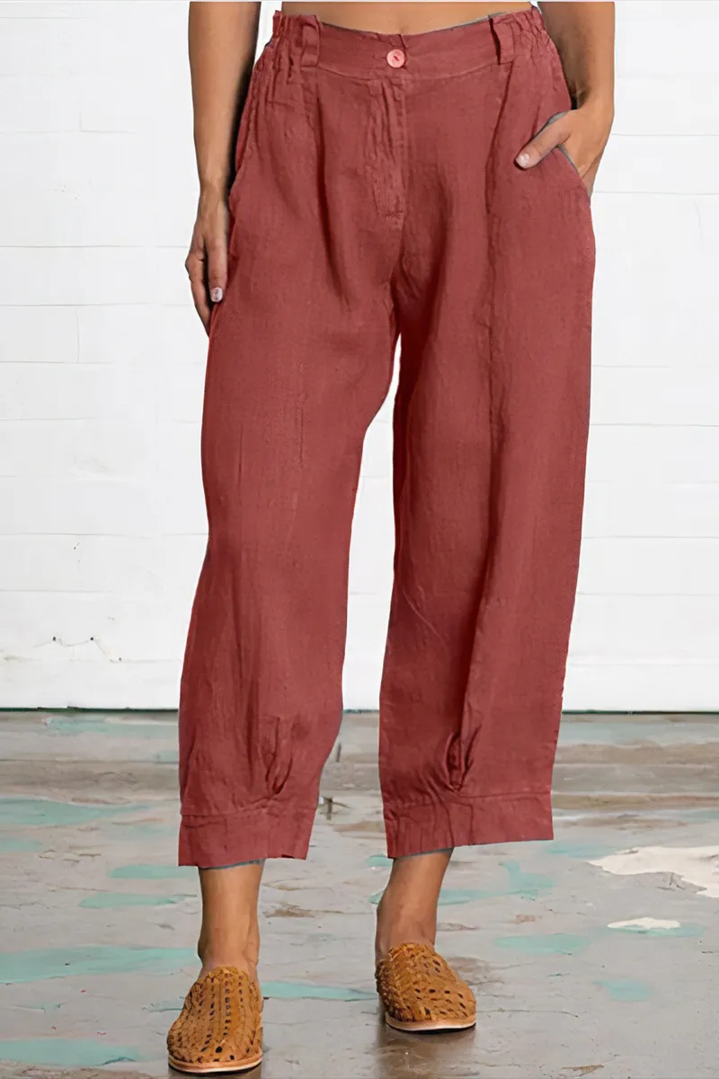 Solid Slant Pocket Elastic Waist Crop Pants