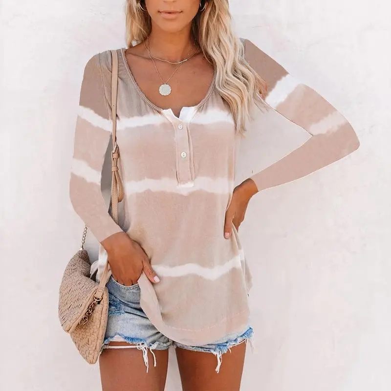 Button Tie Dye Large Size Long Sleeve T-Shirt