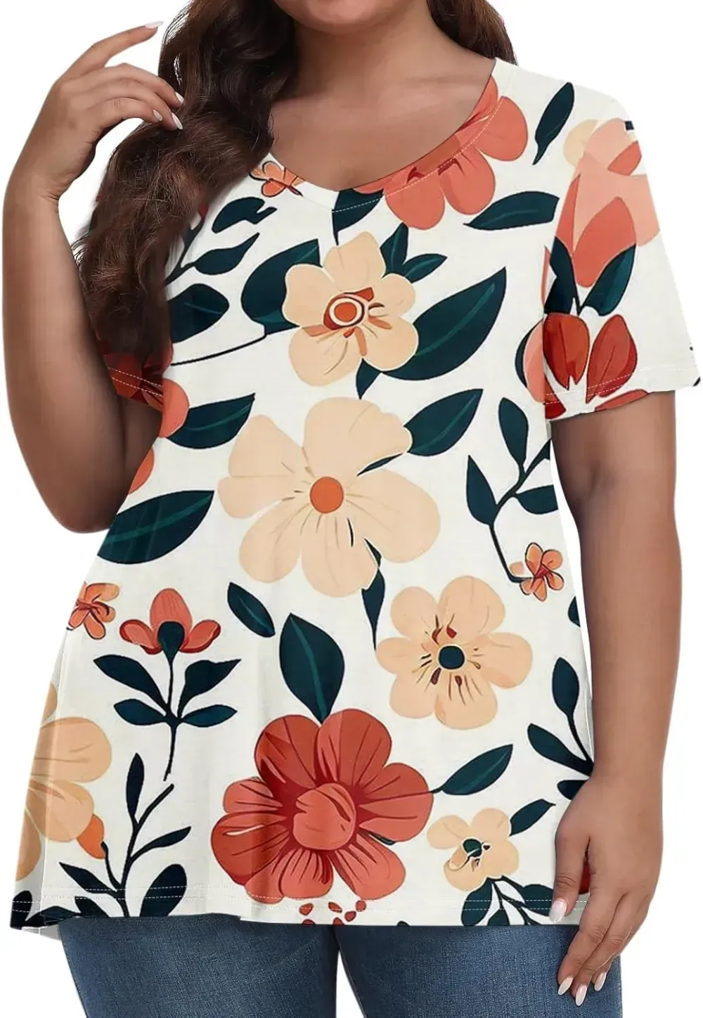 Plus Size Tops for Women Dressy Short Sleeve V Neck Shirts for Women Summer Tops for Women 2024 Floral Print Top