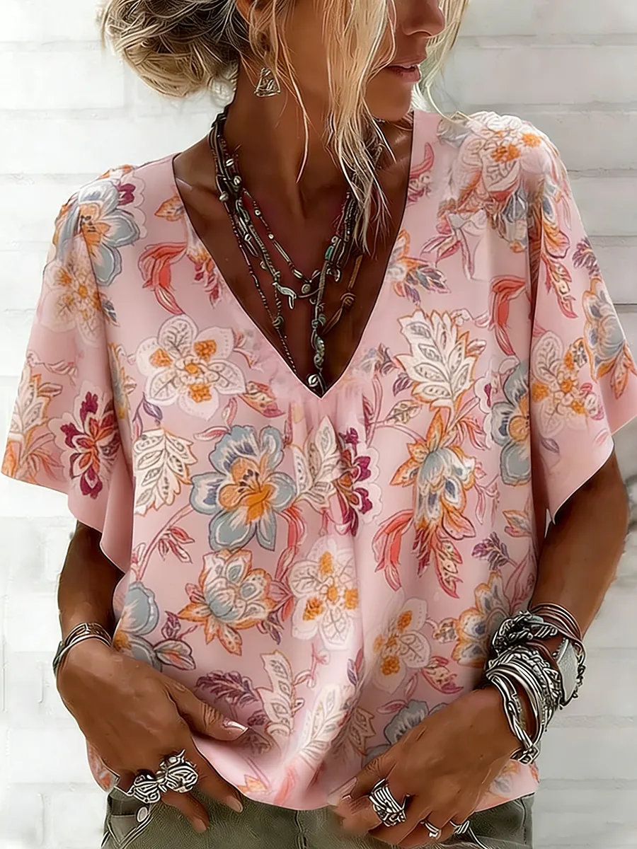 Women's Linen Blend Bohemian Loose Floral Print V-Neck Top