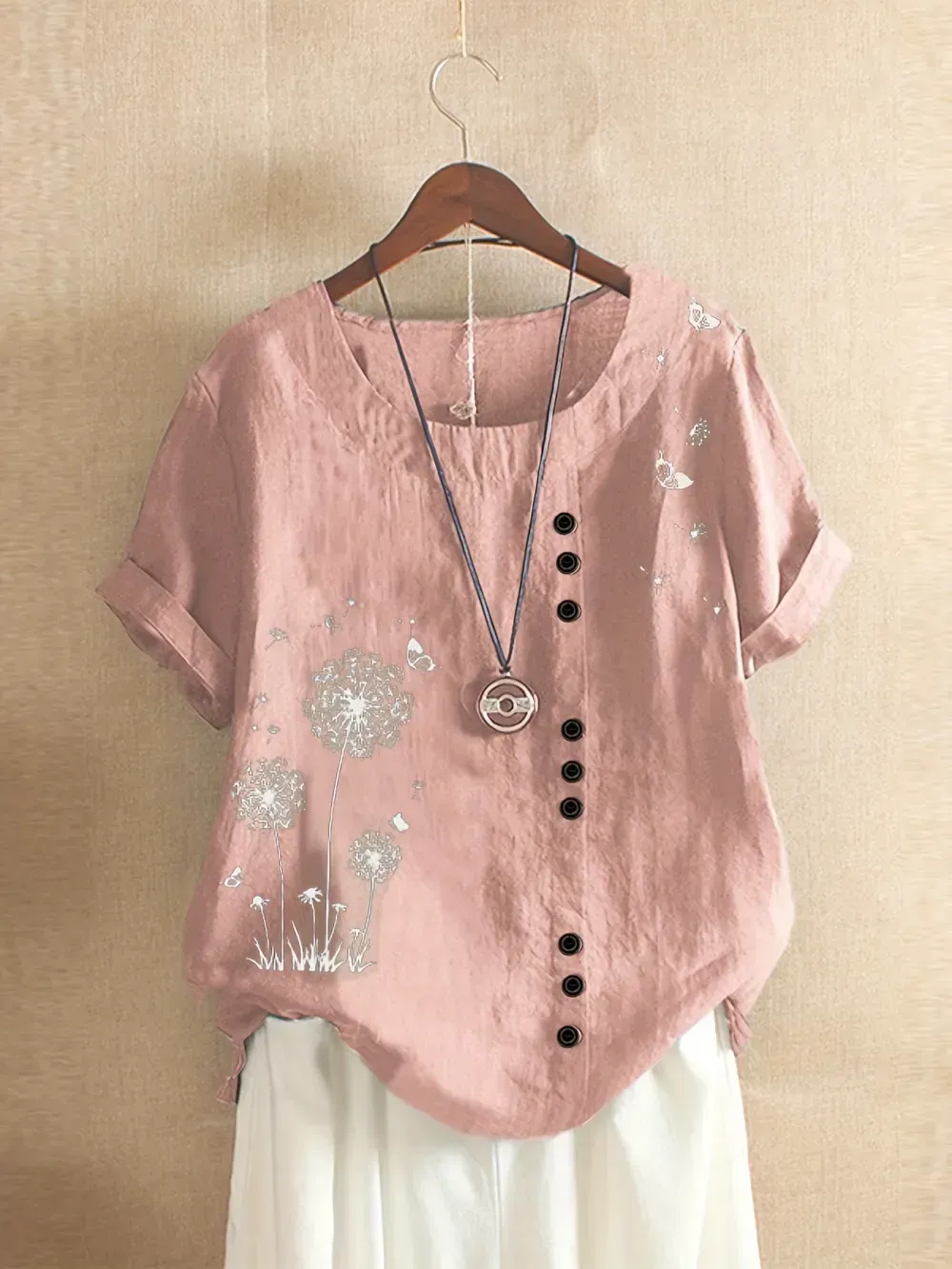 Women's Plus Dandelion Print Tee, Short Sleeve, Casual, Round Neck, Plus Size