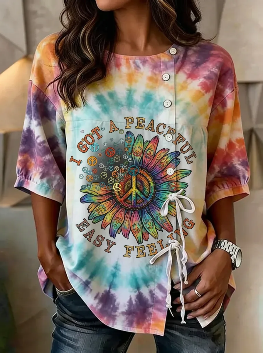Women's Nashville Sunflower Peace Sign Printed Tie-Dye Top