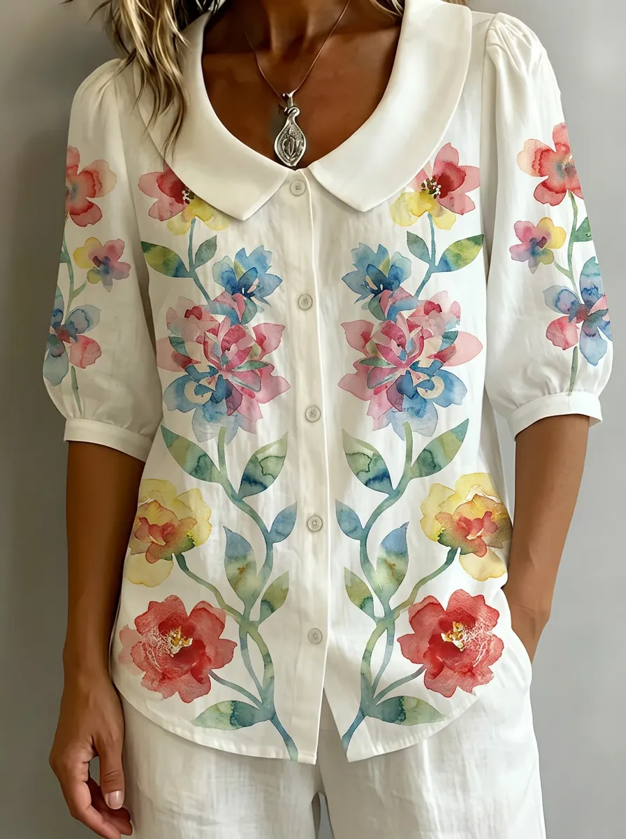 Women's Nashville Floral Watercolor Printed Button-up Shirt