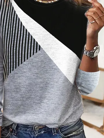 Striped Casual Autumn Daily Loose 1 * Top Long sleeve Crew Neck Regular T-shirt for Women