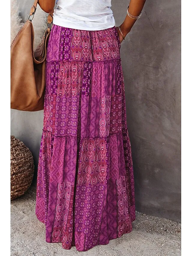 Women's Skirt Swing Long Skirt Maxi Red Blue Purple Orange Skirts Spring & Fall Ruffle Print Fashion coastal grandma style Boho Holiday Casual Daily S M L