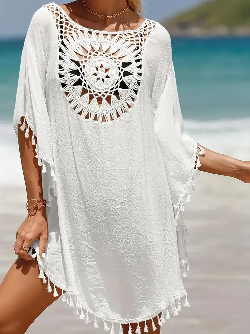 Tassel Decor Cover Up Dress, Round Neck Loose Fit Crochet Decor Beach Kaftan, Women's Swimwear & Clothing for carnival & Music Festival For Holiday