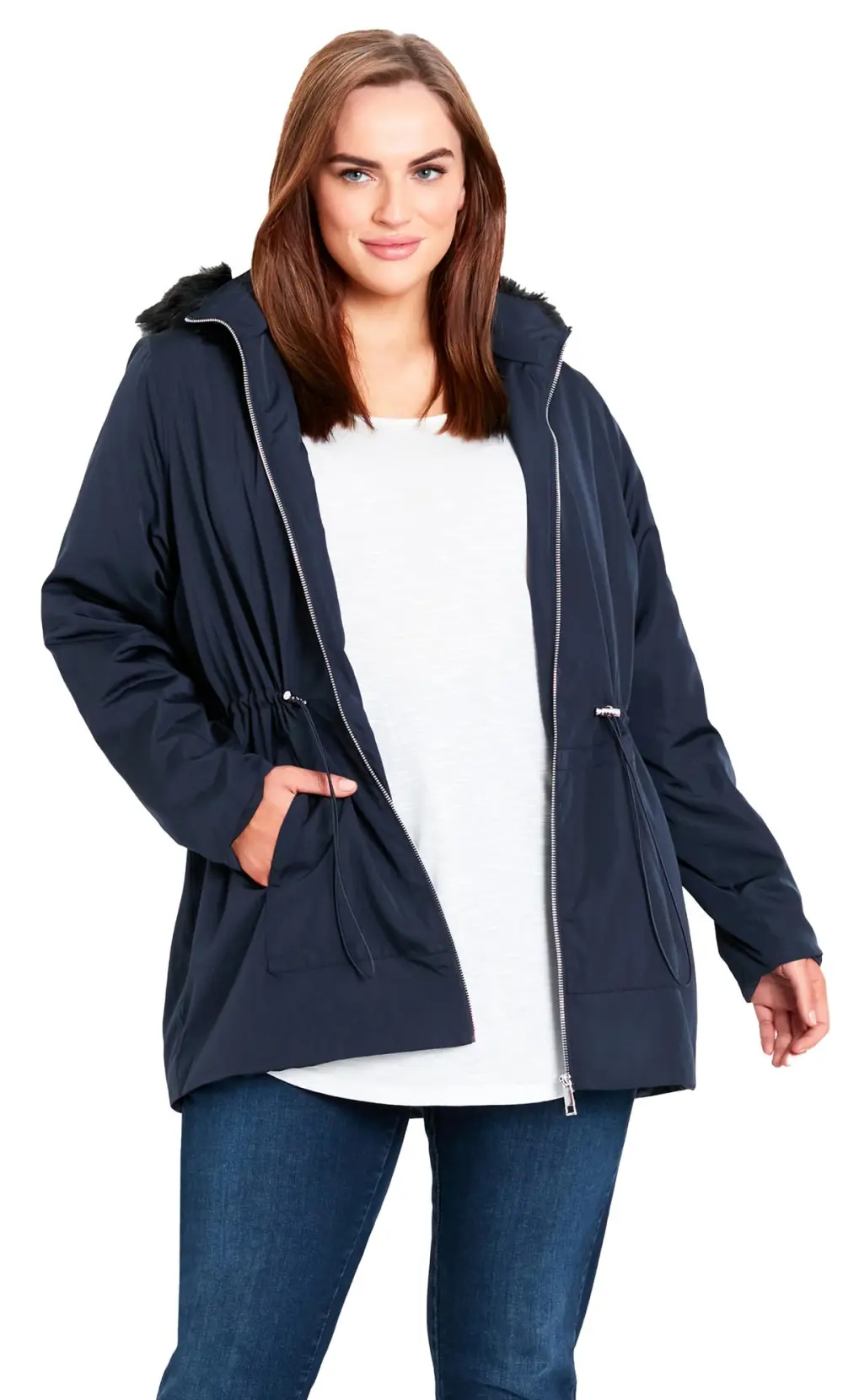 Evans Navy Blue Faux Fur Hooded Parka Coat
