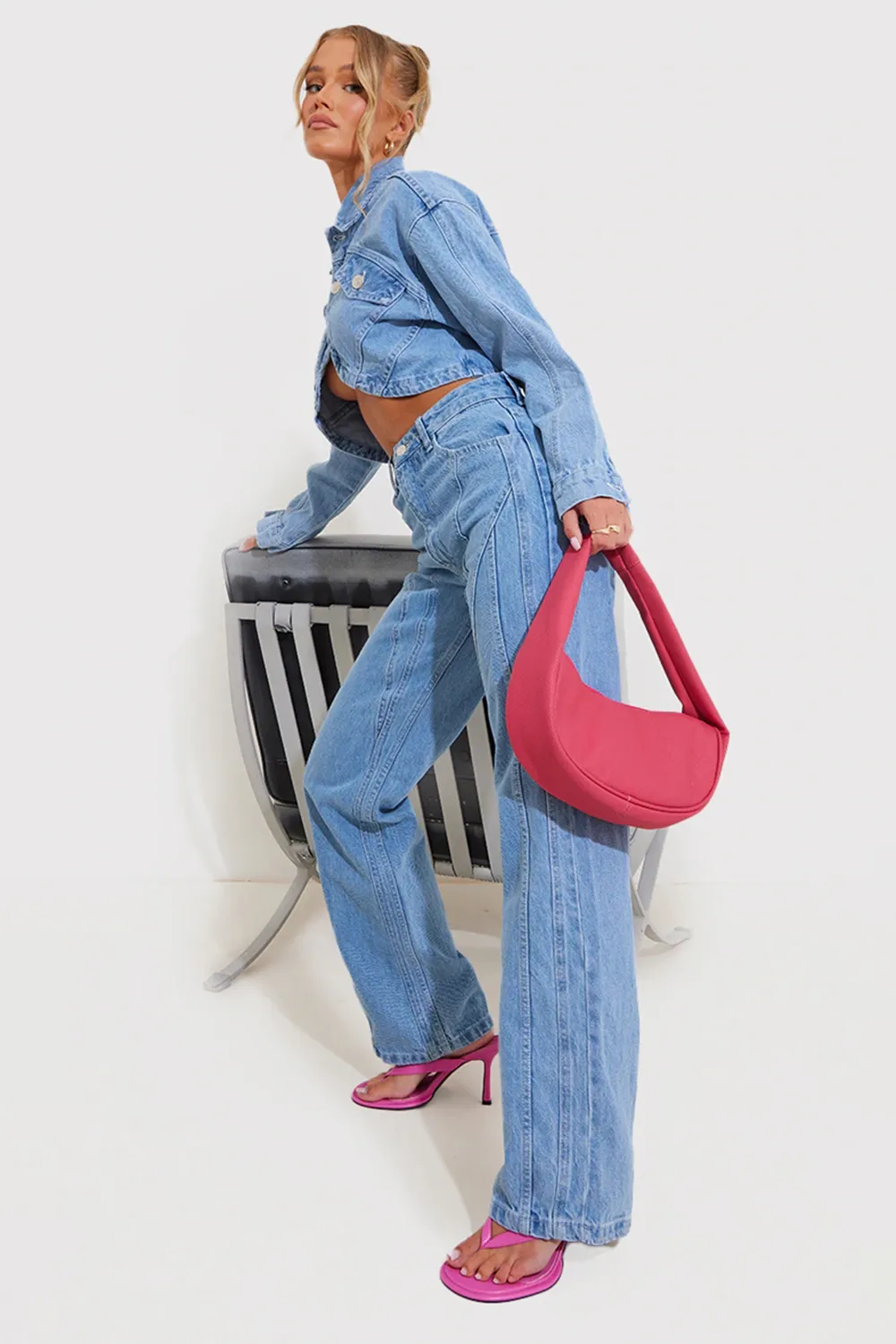 Light Blue Wash Seam Front Detail Straight Leg Denim Jeans Set
