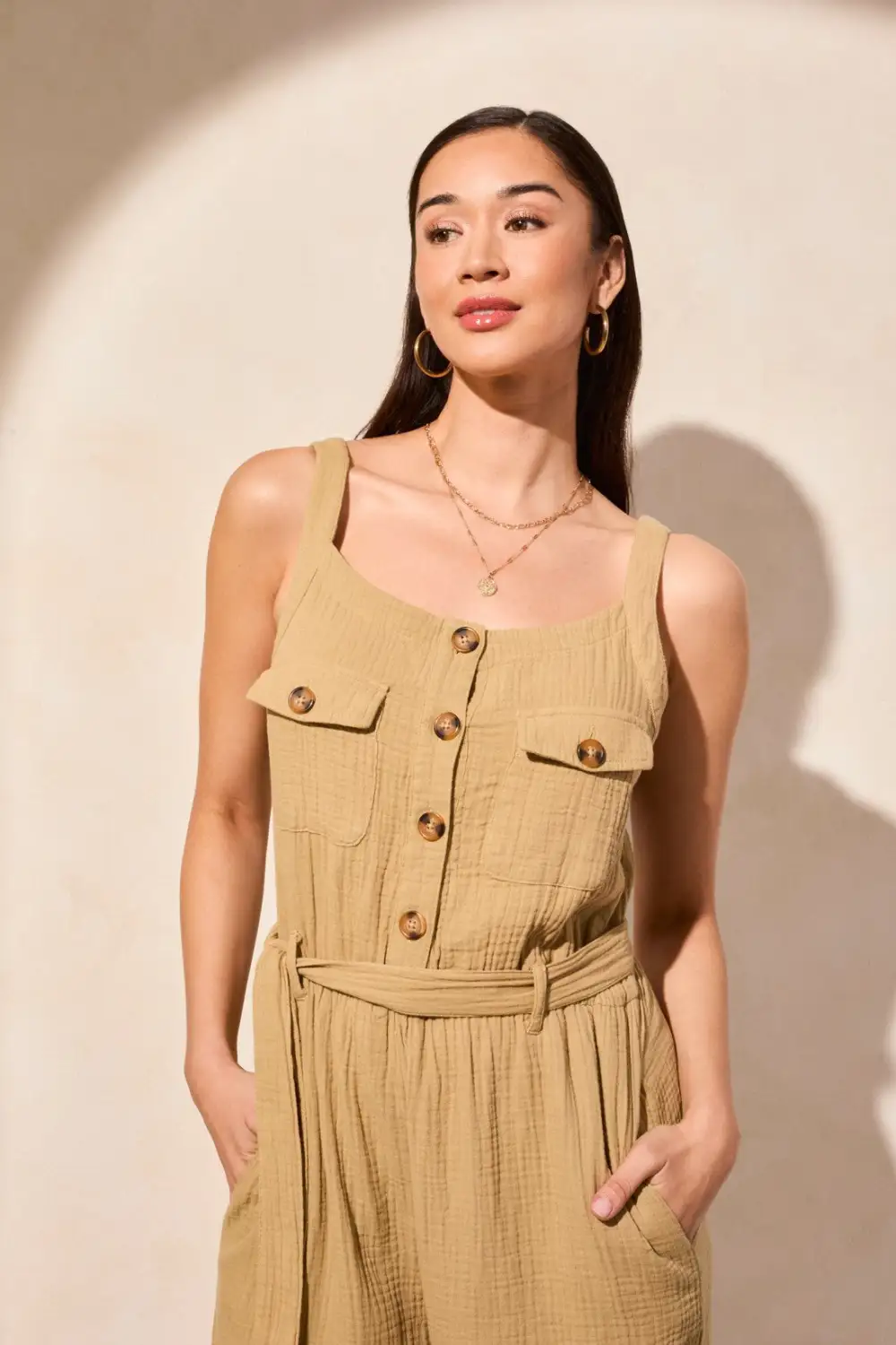Cotton Gauze Belted Jumpsuit-Nudeolive