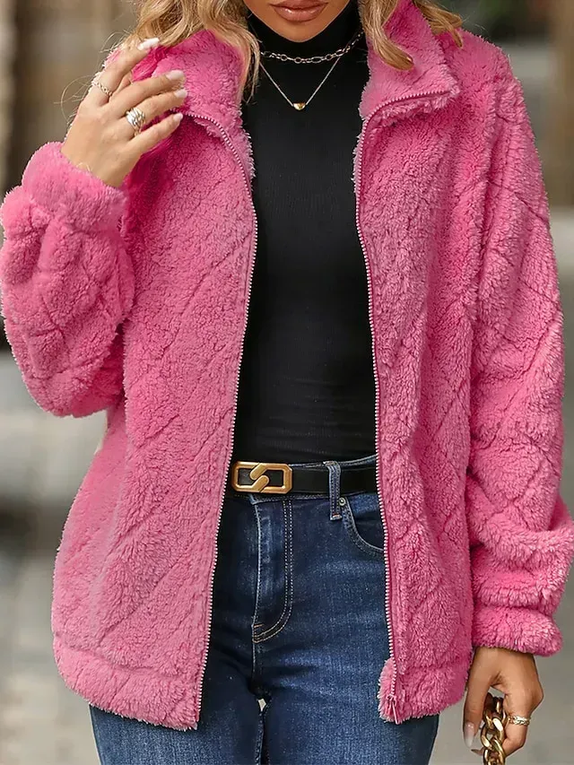 Women's Fleece Jacket Sherpa Jacket Teddy Coat Windproof Warm Outdoor Street Daily Wear Vacation Zipper Pocket Zipper Turndown Plush Modern Casual Street Style Plain Regular Fit Outerwear Long Sleeve