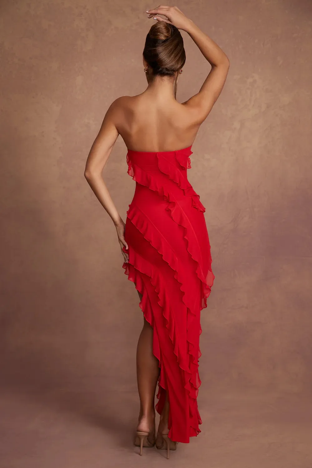 Bandeau Ruffle Detail Maxi Dress in Brown