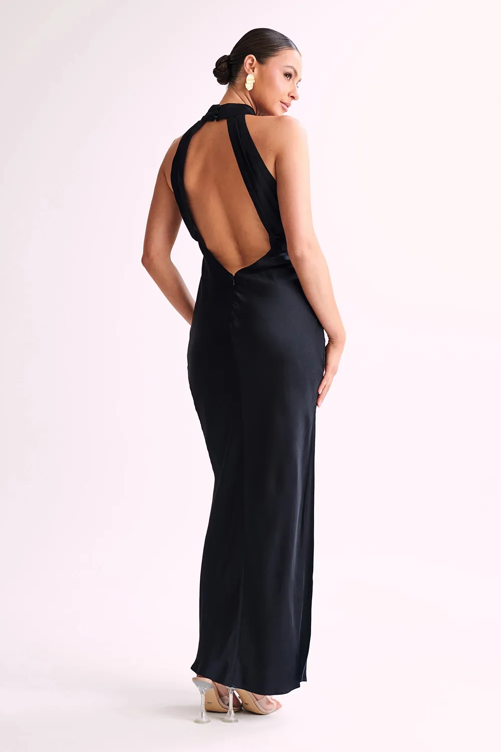 Satin Drape Back Maxi Dress with Split - Black
