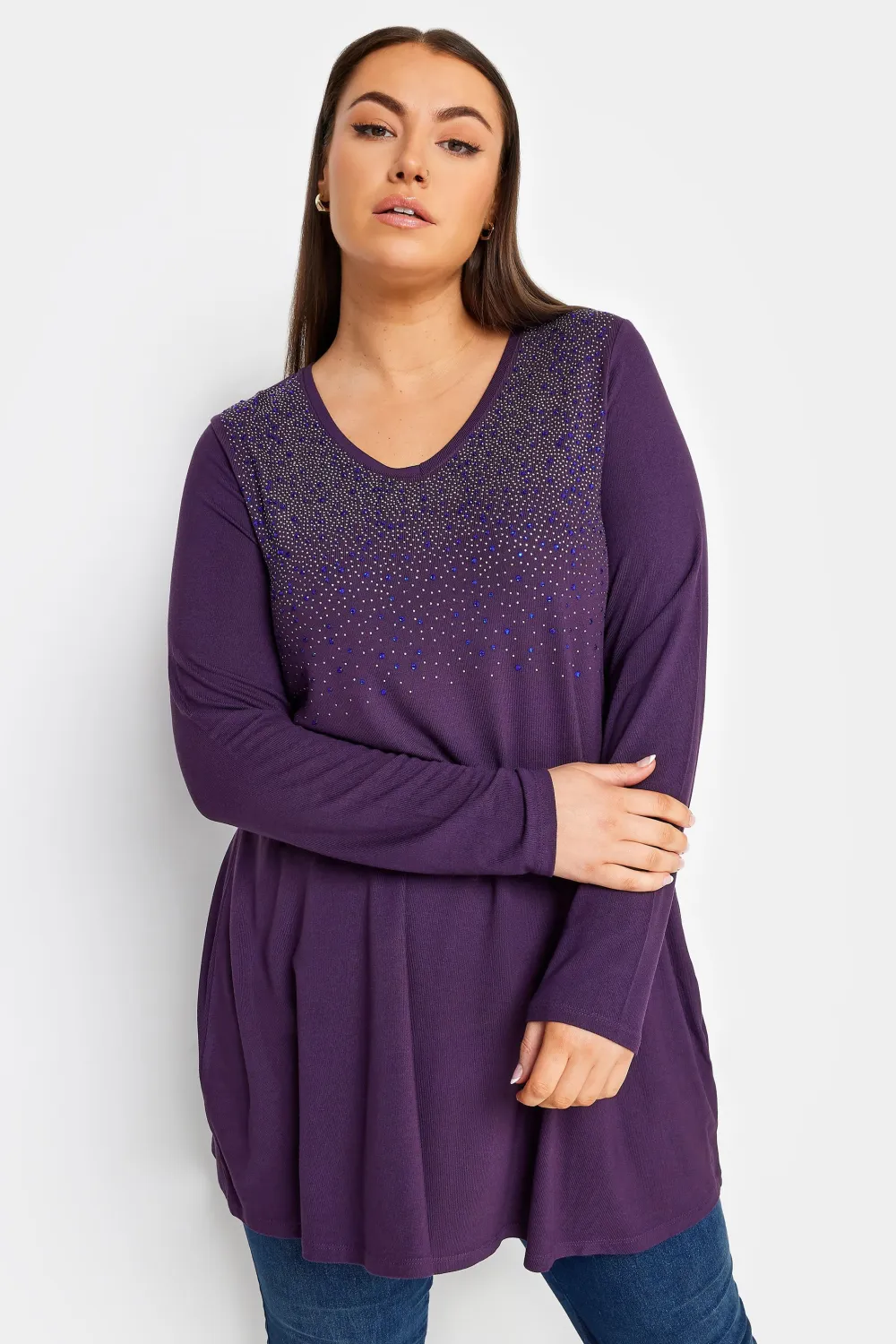 YOURS Curve Purple Stud Embellished Long Sleeve Top