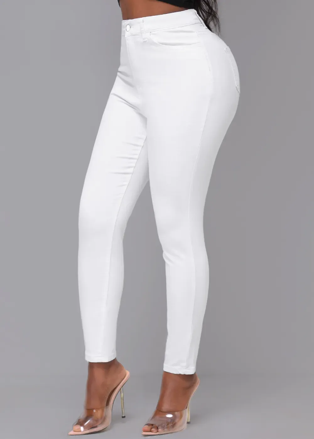 White Skinny Zipper Fly High Waisted Pants