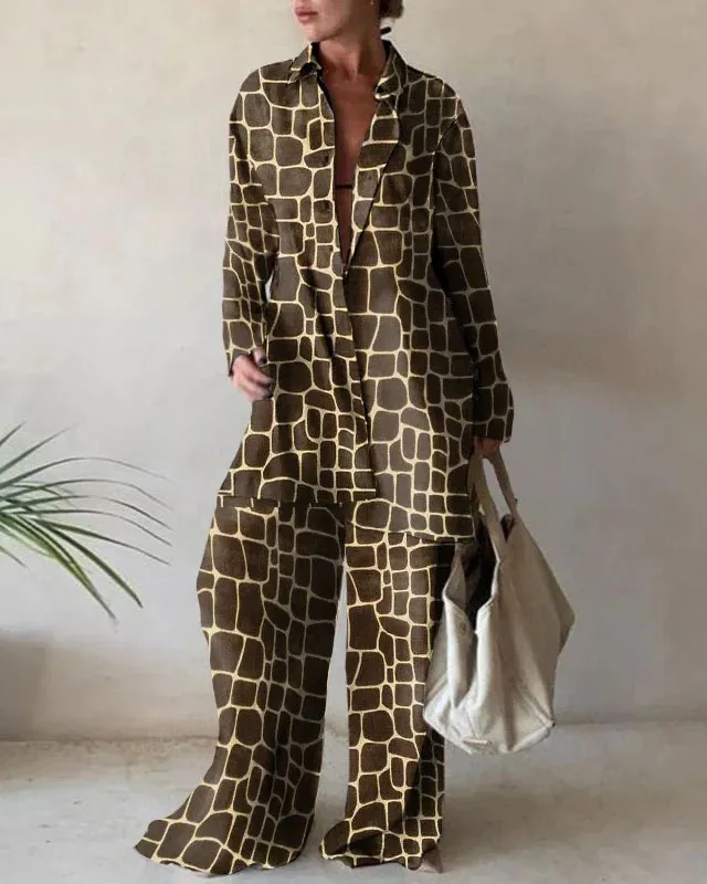 Fashion Print Loose Long Sleeve Shirt + Straight Pants Two Piece Set