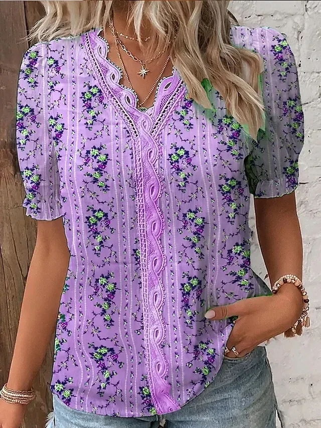 Women's Shirt Blouse Blue Purple Green Floral Lace Trims Print Short Sleeve Casual Holiday Basic V Neck Long Floral S