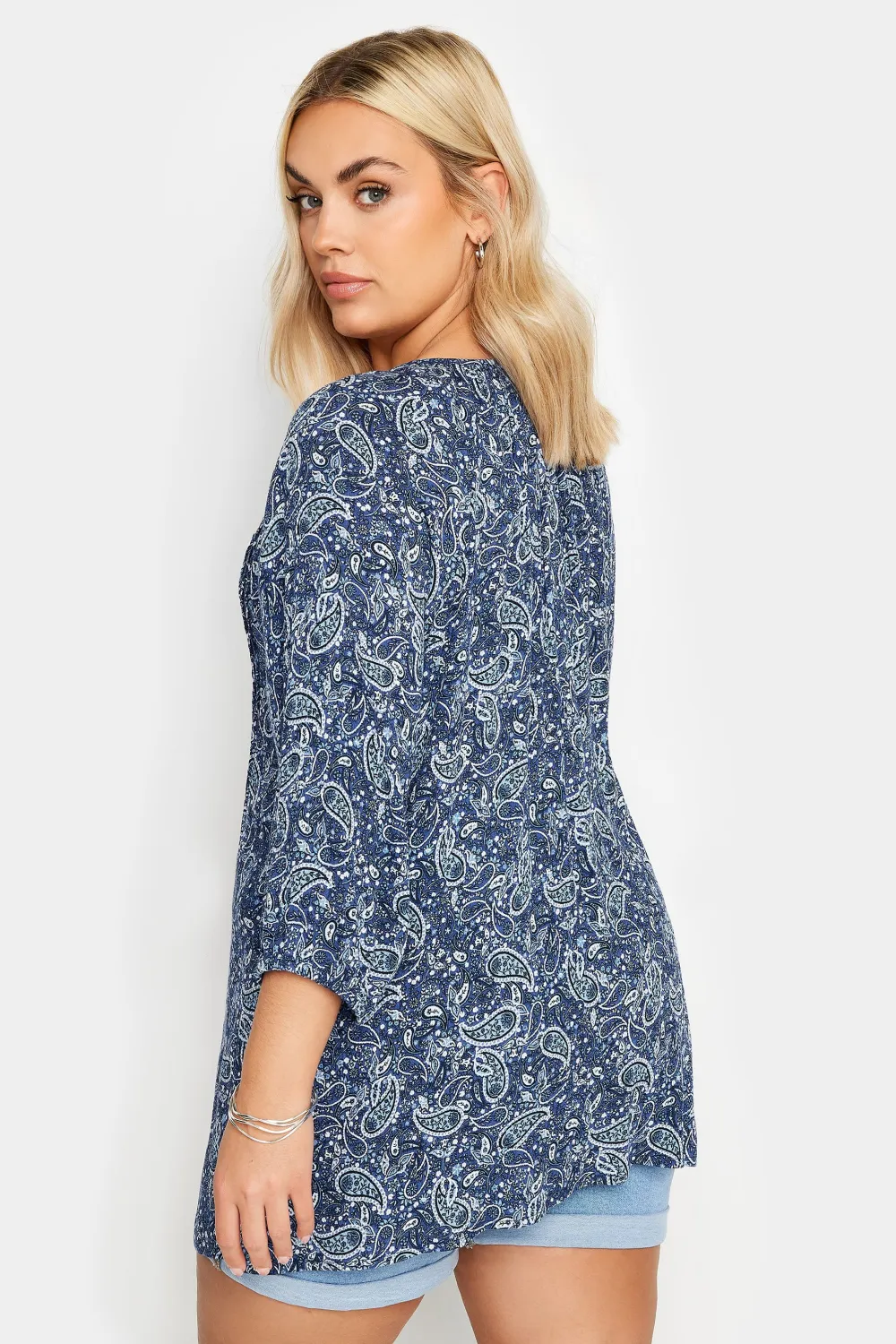 YOURS Curve Navy Blue Paisley Print Tie Neck Blouse