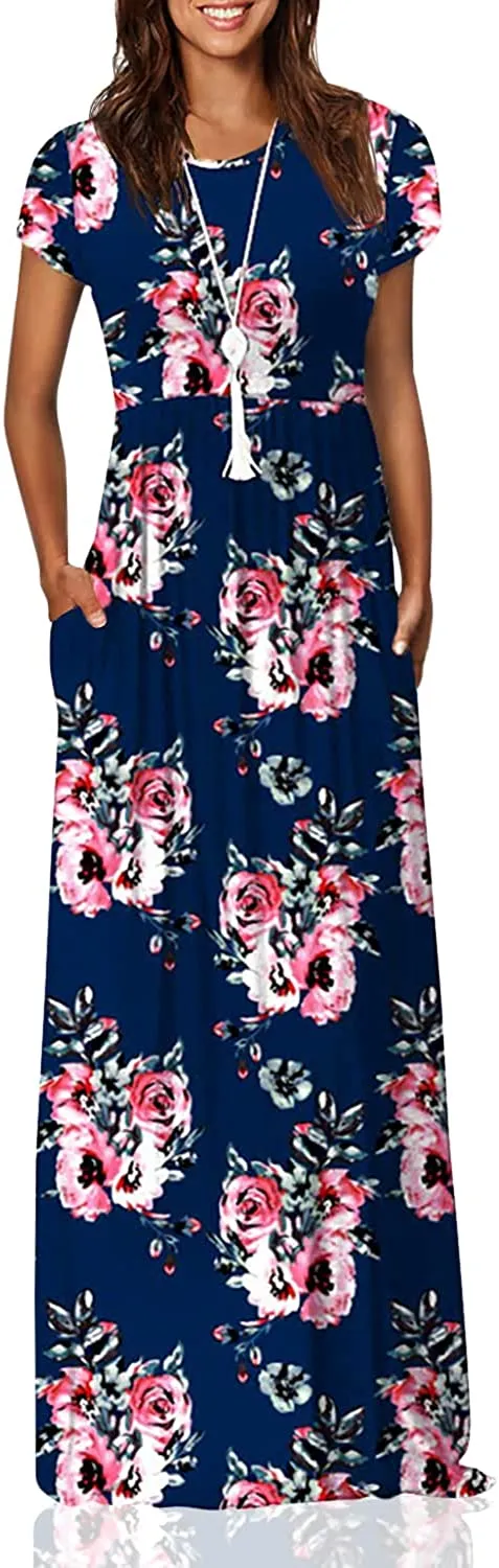 Women's Short Sleeve Loose Plain Maxi Dresses Casual Long Dresses with Pockets