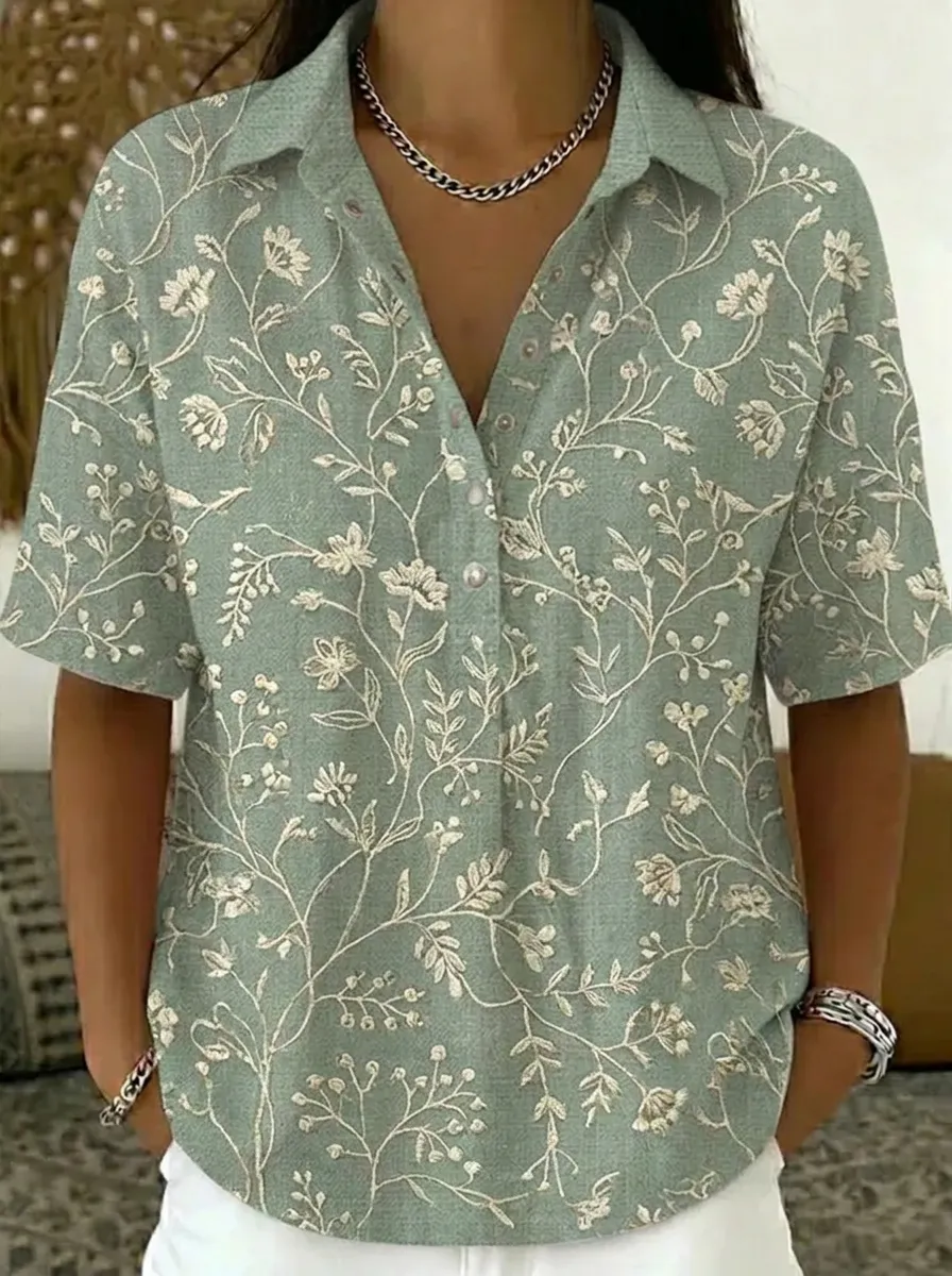 Women's Nashville Floral Botanical Printed V-neck Shirt