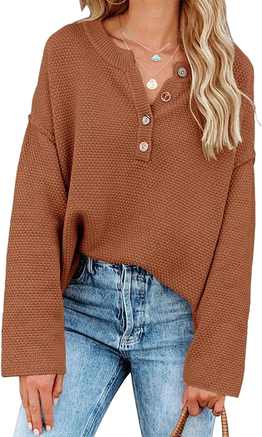 Women's Oversized Sweaters Batwing Long Sleeve Loose V Neck Button Henley Tops Pullover Knit Jumper