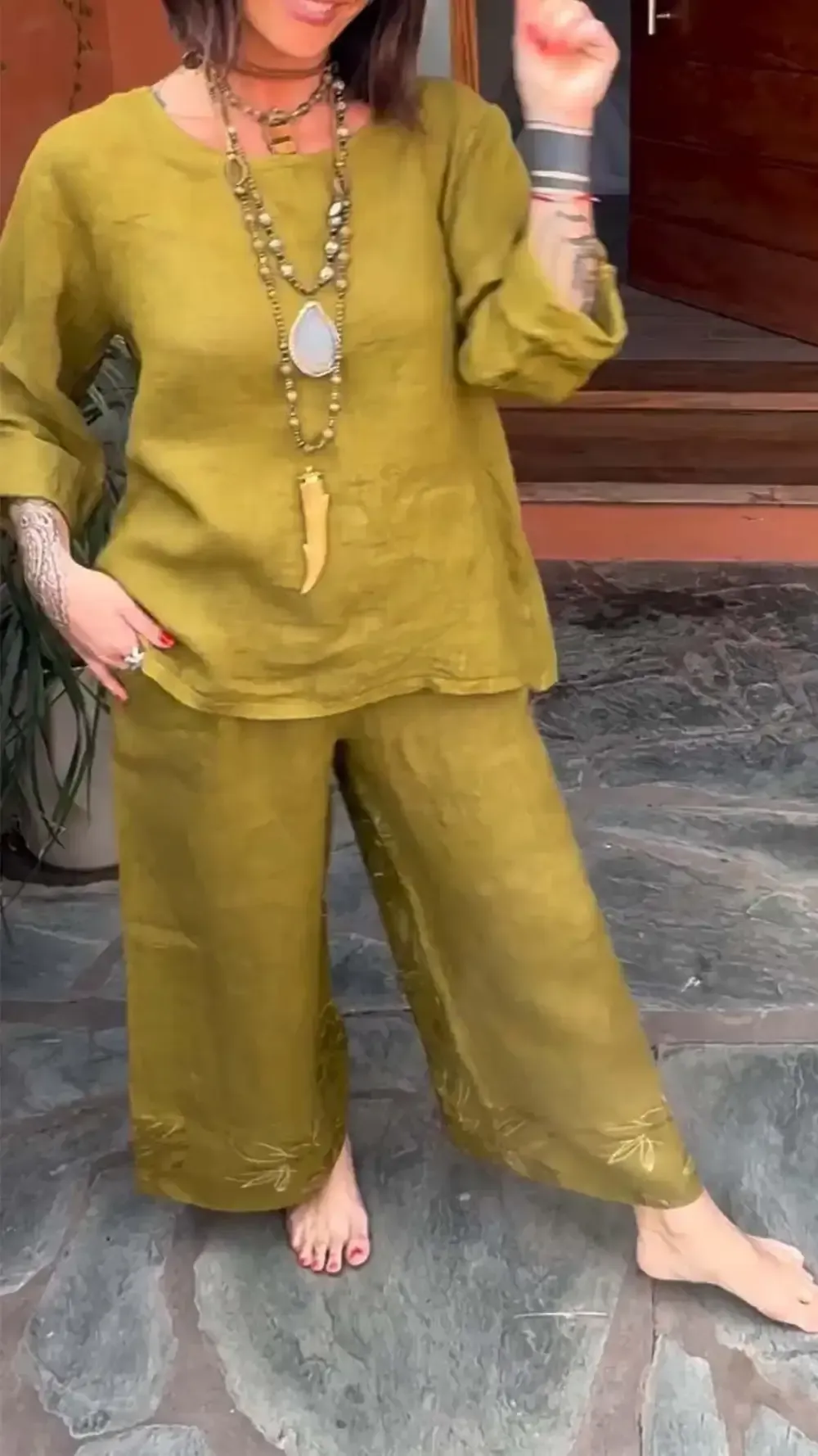 Women's Casual Cotton and Linen Printed Long Sleeve Suit