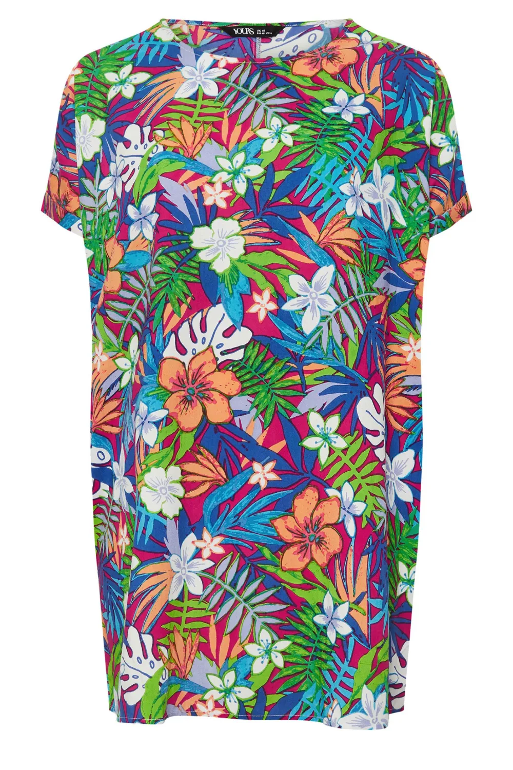 YOURS Curve Blue & Green Tropical Print Tunic Dress