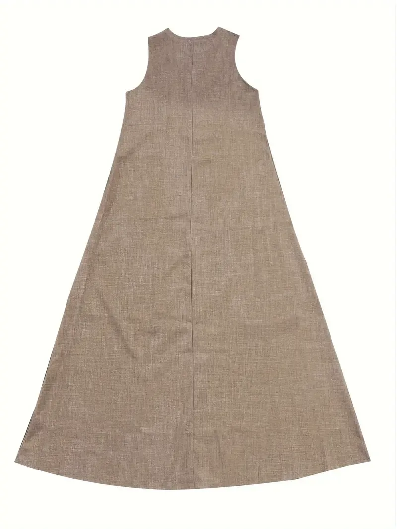 Women's Soft Linen-Blend V-Neck Tank Dress - Casual Sleeveless Long Dress in Pinkish-Beige, Loose Fit for Casual Attire