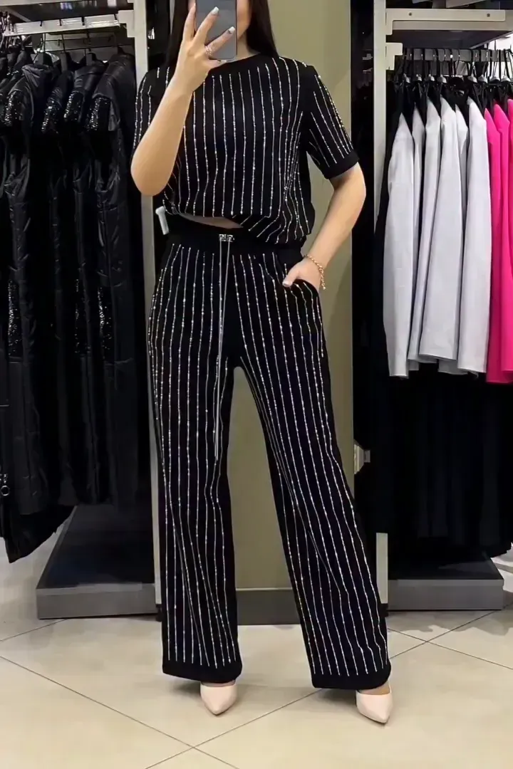 Women's Casual Solid Color Round Neck Hot Diamond Short Sleeve Two-piece Suit