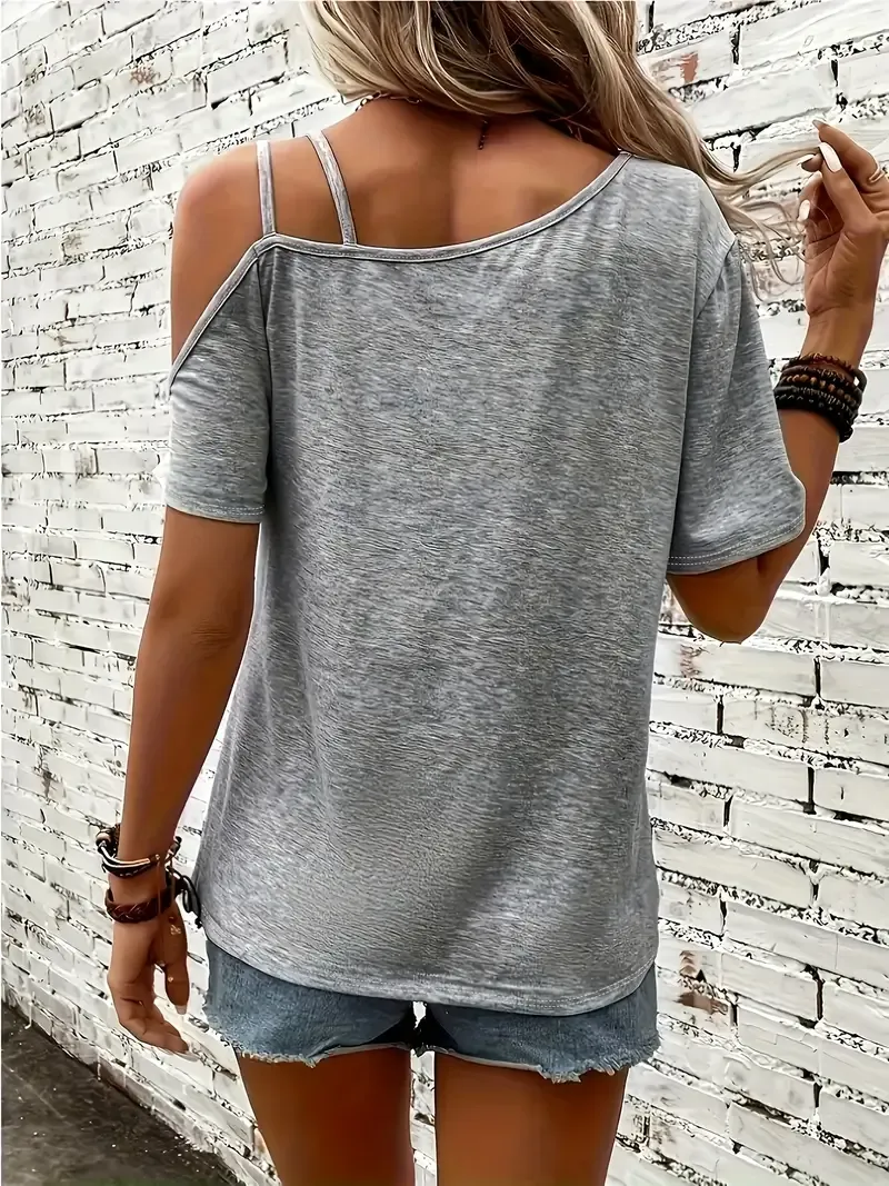 Heart Print Slant Shoulder T-shirt, Casual Short Sleeve Top For Spring & Summer, Women's Clothing