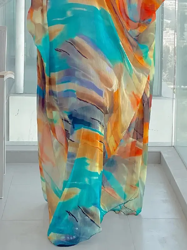 Vacation Batwing Sleeves Contrast Color Printed High-Neck Maxi Dresses