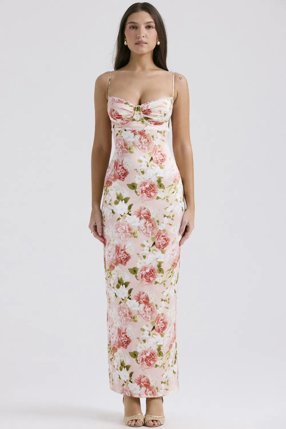 PINK PEONY PRINT SATIN MAXI DRESS