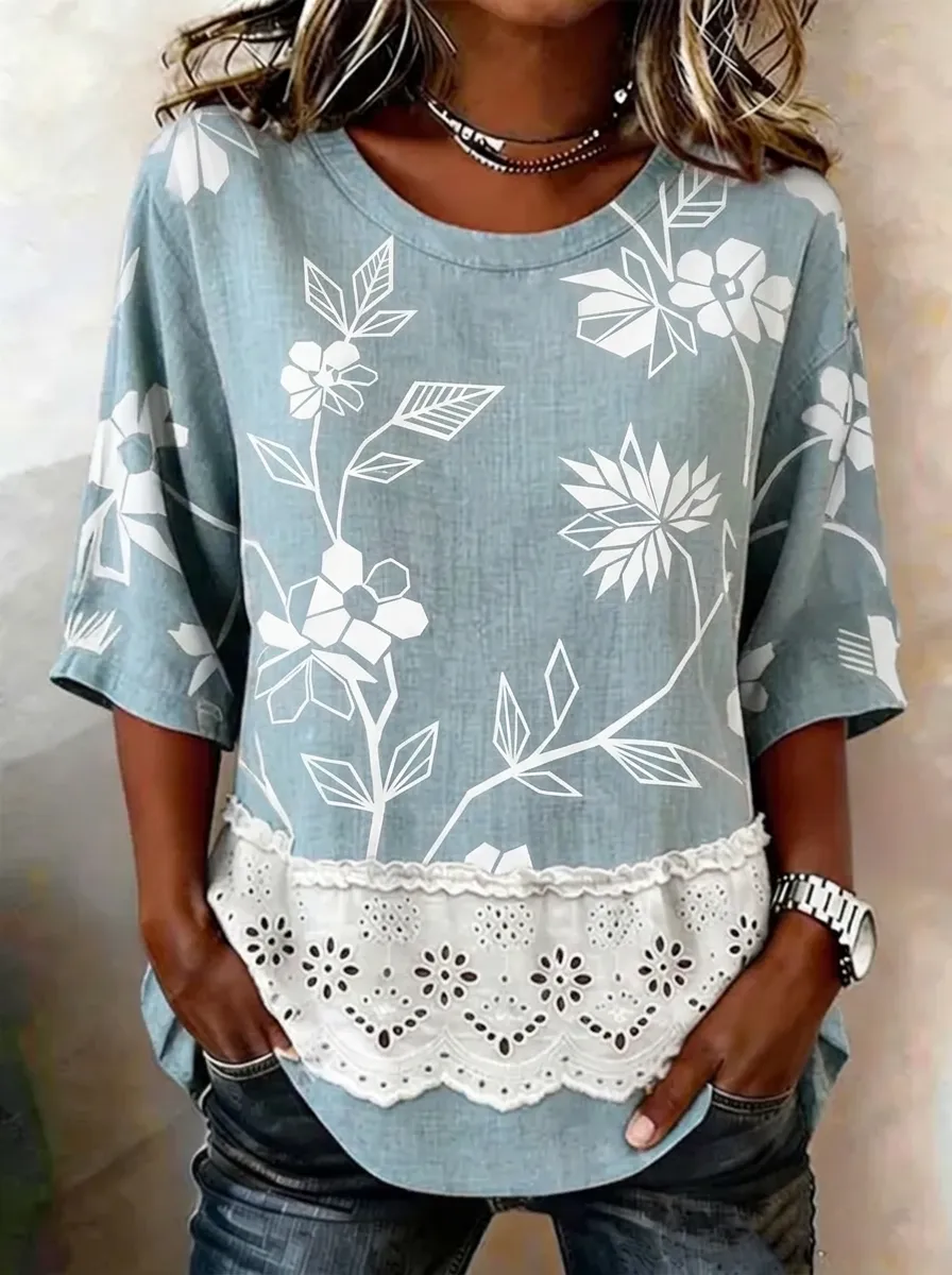Women's Nashville Floral Lace Trim Printed T-shirt
