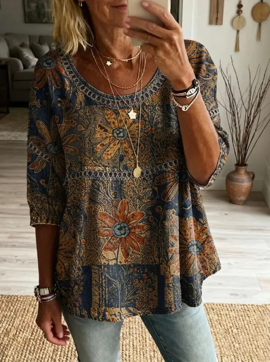 Women's Nashville Floral Folk Art Printed Top