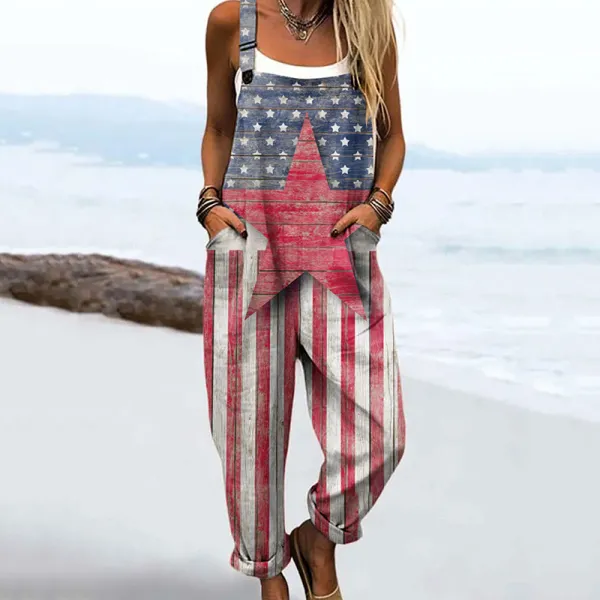 Women's Vintage Independence Day Print Casual Wide Leg Jumpsuit