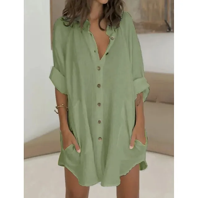 Women's Shirt Dress Casual Dress Mini Dress White Green Long Sleeve Pure Color Button Fall Spring Summer Shirt Collar Basic Daily Fall Dress Loose Fit 2023 M L XL 2XL 3XL