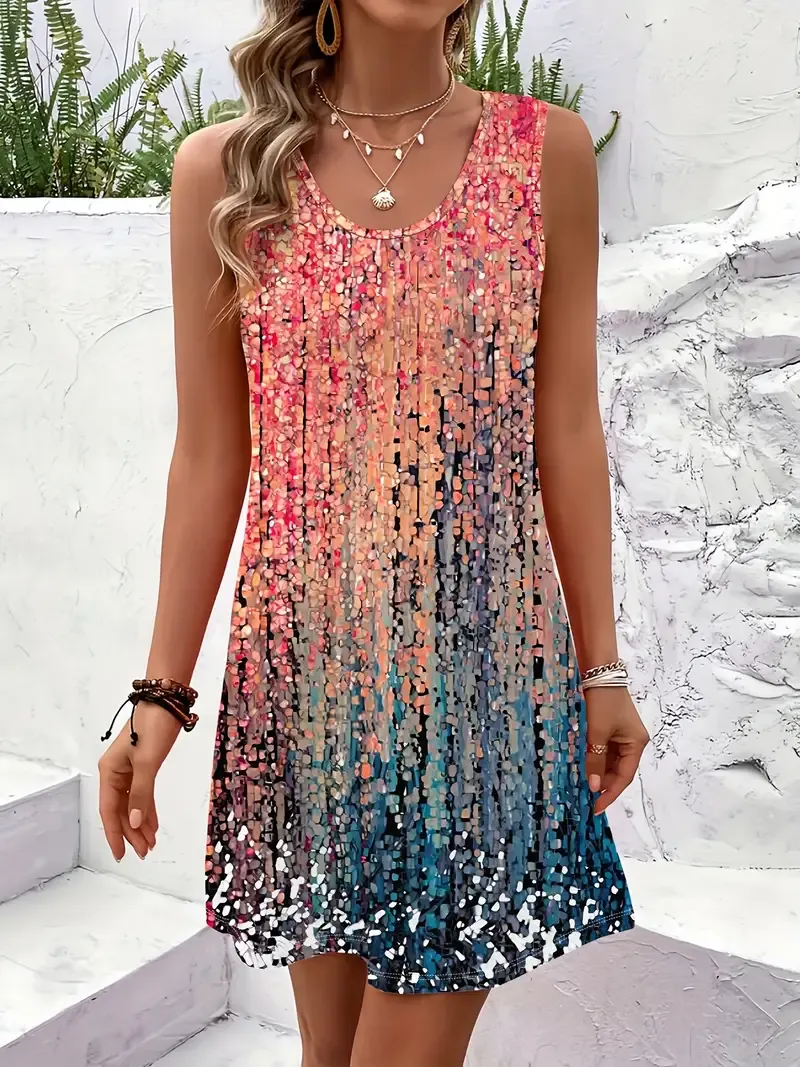 Colorful Summer Fashion Casual Women's Sleeveless Dress - Vibrant Gradient Print, Round Neck, Polyester Blend, Machine Washable, Casual Summer Dresses