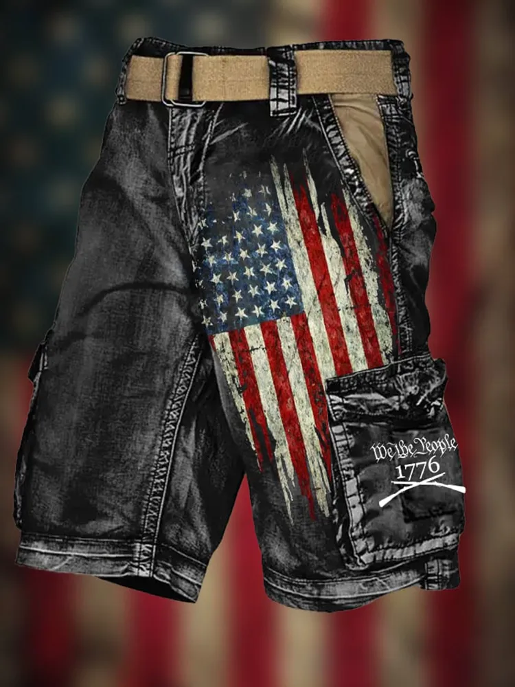 Men'S Vintage Flag Independence Day Multi-Pocket Print Cargo Shorts